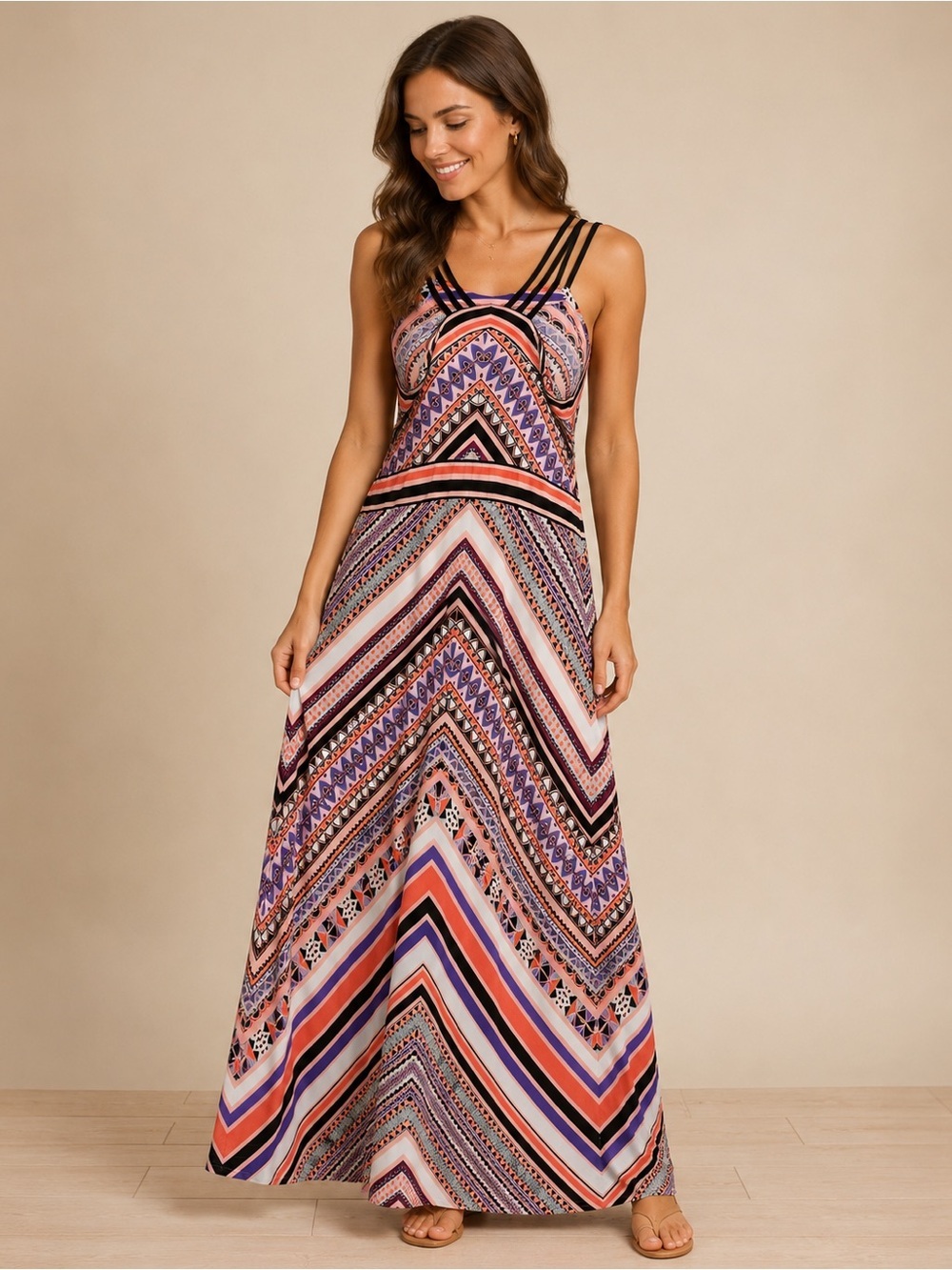 Sleeveless Chevron Maxi Dress in Pink & Purple